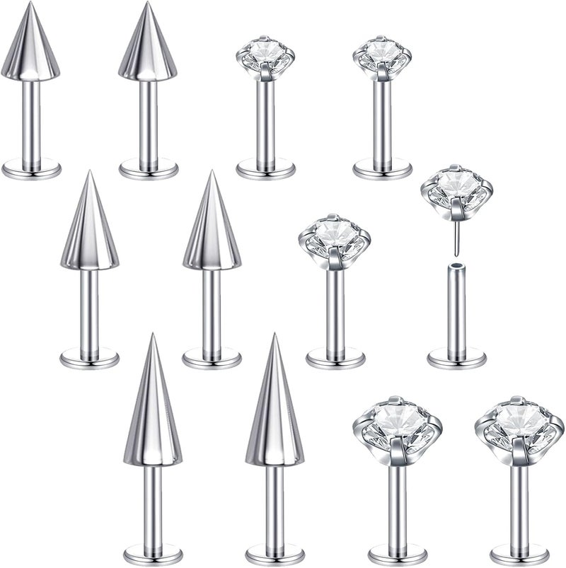 BodyAce Threadless Spike Flact Back Earrings Cartilage Lip Rings, 16G Stainless Steel Daith Helix Tragus Studs, Push in Rook Lobe Lip Piercing for Women Men - Image 1